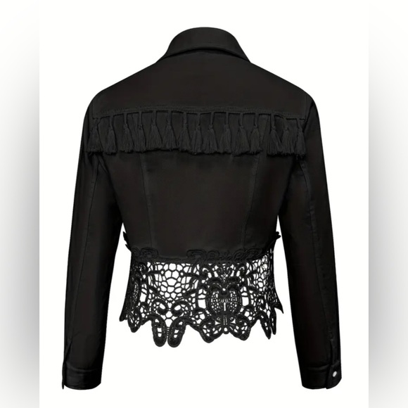 BLACK Denim Button Up Collared Jacket with Tassels and Lace Trim Size X-Large - Picture 2 of 8